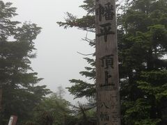 　日本百名山の一つに立つ「八幡平頂上」の木碑です。あいにくの小雨模様で視界がききません。