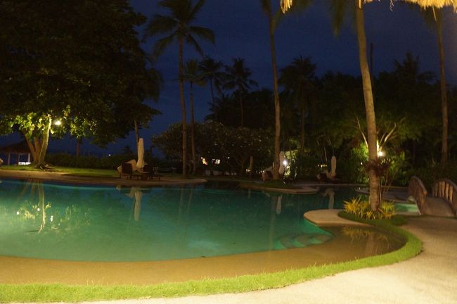 レストランのラストオーダーが迫っているので、お部屋とか翌日以降のオプショナルツアーの申し込みの前に、食事を摂らせてくれました。<br />写真は、レストランの席から見えるプール。<br />リゾート来た～って感じがしてきます。