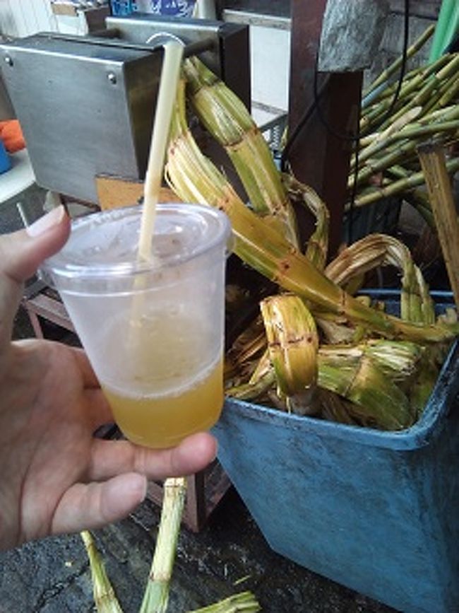 さとうきびジュースです。うしろのつぶれた茎をみれば<br />なかなかの迫力で搾られたのがわかると思います。