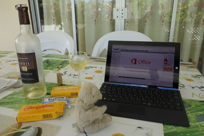 パソコン開いてますが、日本に戻ると異動で新職場なんで、少し仕事モードだったのでしょうか？（笑）<br /><br />この日のランチは、日本から非常食で持ってきていたカロリーメイトと、一昨晩飲み残して冷蔵庫にキープしてもらっていたランギロアワインの残り･･･<br />