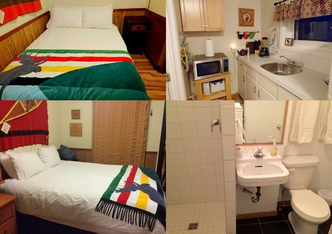 Banff Beaver Cabins<br /><br />バンフのお宿<br />口コミどうり、なかなかの狭さ。2つ目のベッドルームには1つ目のベッドルームを通り抜けないと移動できないｗｗｗ（特にドアの開け閉めに無理があるため、ドアは基本開けっ放しにしてありました）<br />ブランケットはちゃんとハドソンベイカンパニーのストライプ模様のブランケットです！<br />（1700年代にイギリスからカナダにやってきたハドソン・ベイ・カンパニーは<br />ビーバーの毛皮とウール製品を交換することで、カナダの先住民との貿易を開始しました。<br />黄色、赤、黒、のストライプが入るポイントブランケットは世界的に有名で、横に付いている黒のストライプの本数で交換できる毛皮の数を示しているそうです。）<br /><br />朝はおいしいパン、夕方にはTea＆手作りクッキーを用意してくださっていて素敵なお宿でした。