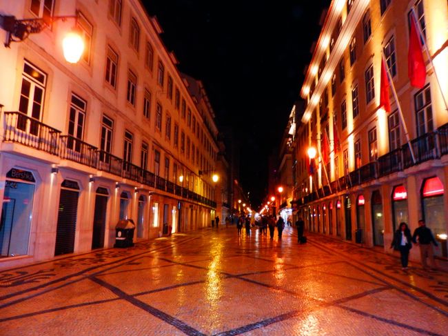 お店を後にして、ほどよく酔いつつ夜中になっても賑やかなリスボンの街を歩く。<br />かなり疲れきっていたけど、明日でこのポルトガル旅行も終わりと考えると本当にまだまだ寝たくない気持ちでした。。<br />初日以外なかなか天候に恵まれない旅だったけど、心が腐らぬように、残された時間を精一杯楽しもうと誓いつつ、最後の夜を終えました。