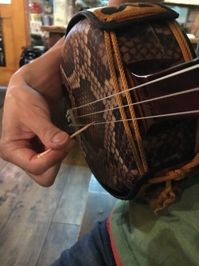 本日２次会はまたまたうさぎや<br />三線になぜか爪がないので、爪楊枝で弾く友人Kさんです。<br />今日は、三線でベンチャーズを弾いてくれるお兄さんがいて、めっちゃ盛り上がりました。私も弾きたいなあベンチャーズ