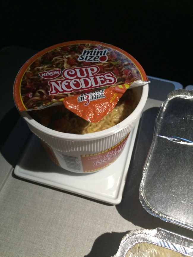 6時間後に目覚めてお腹が空いたので、リフレッシュメントのスープをオーダーしたら、なんとラウンジにあったカップヌードルと同じものが出てきました。