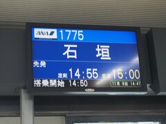 那覇空港１４：５５発　石垣空港１６：００着

定刻より５分遅れの表示だったんですが、途中何分遅れるのかアナウンスもないまま時間だけがどんどん過ぎていきました。
時間がわからないからごはんも食べられず、機内で食べられるものを買いました。
最終的に５０分遅れで１５：４５出発でしたが離陸待ちもあり１５：５５くらいに離陸になりました。
もう、この時点で小浜島行の最終便（１７：１５）に乗船できないことが確定。
機内なので何も出来ないので、到着したら取りあえずどこに連絡するかと言う事を色々と考えました。