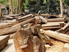 Beng Mealea

アンコールワットから東へ直線距離で約40km東方に位置し、現在も修復が施されないままに放置され、密森の中にひっそりと眠り静かな佇まいを見せる巨大寺院。
アンコール・ワット建造前の11世紀末-12世紀初頭の造営と推測されており「東のアンコール・ワット」と称されるほどアンコール・ワットとの類似点が多いことから、アンコールワットの練習用として作られたと考えられている。
（by wikipedia抜粋）

はい～ということで、本日最後の遺跡は、日本人の間でも有名なベンメリアにやってきました～。

こちらの遺跡はなぜかアンコールワットの共通パスでは入れないので、手前でチケットを購入します。冒頭にもある通り、ほぼ廃墟です。ナーガ(インド神話を起源とする水の神)も廃墟のオブジェみたいになってます。