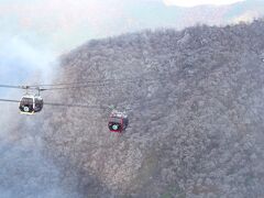 列に並びながら眺めると、ロープウェイの下には、灰色の荒涼とした大地が広がっていた。

