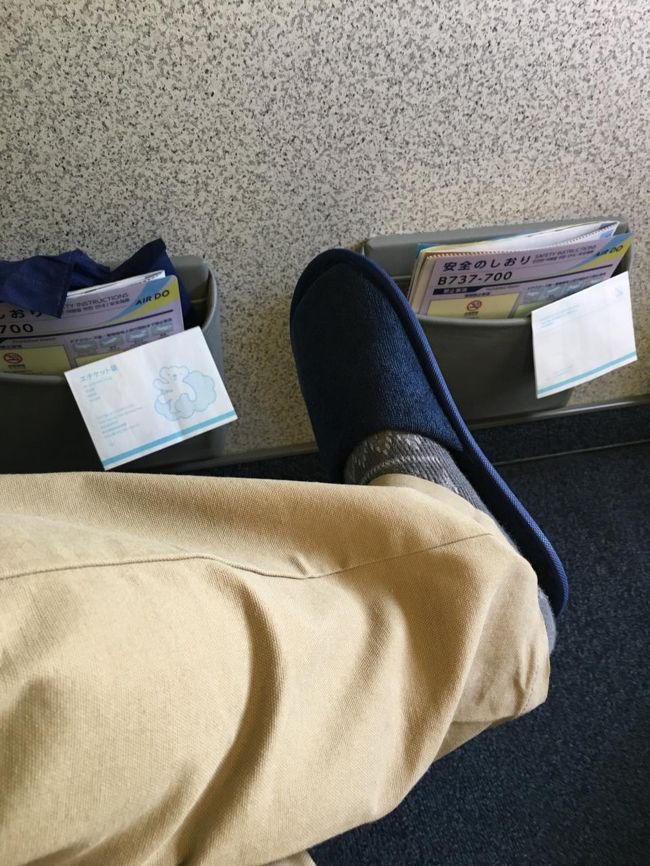 搭乗しました。ＡｉｒＤｏなのでプレミアムクラスはありません。バルクヘッド席で広いです。先回のビジからこういう時の為にスリッパだけ持ってきました。