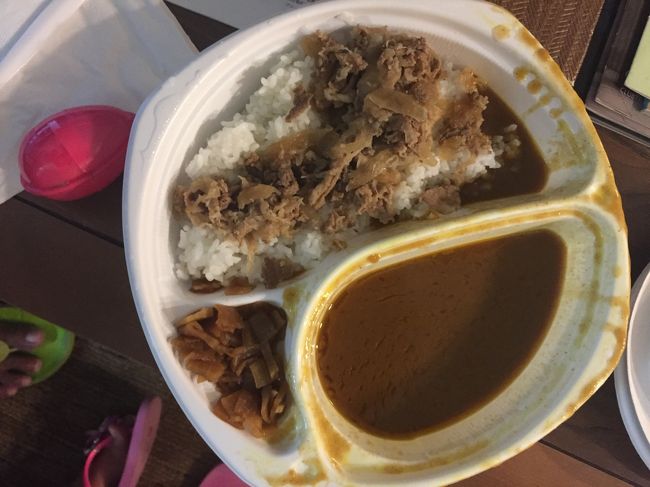 トロリーで移動中にカレールーがこぼれ見た目は悪いのですが、<br /><br />手の付けていないカレーでございます(^_-)-☆<br /><br />ラナイで食事中に外を見ると、イリカイホテル方面より<br /><br />続々と花火目当ての観客がビーチに向かっておりました。