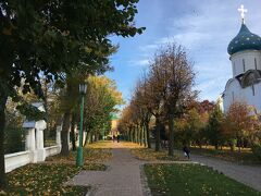 ちょうど紅葉の季節が過ぎつつあり、枯葉が大量に落ちている修道院内。
正面に小さくですが、黒い服着た神学校の生徒の後姿が。

