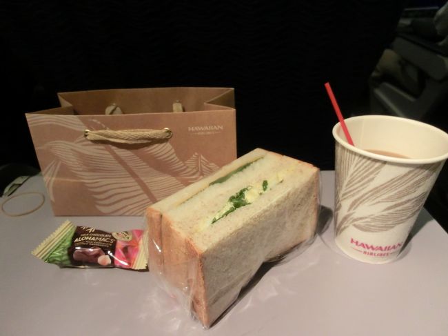 帰りの映画は、「闇金ウシジマくん」「ちびまるこちゃん」<br />「スタートレック」<br />ですが、なぜか帰りは良く眠れます。<br />寝たり、本を読んだり･･･。<br /><br />到着前にサンドウィッチの軽食です。