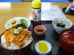 さて、浮いた時間を利用して島の名物を味わっておこう。
フェリーターミナル前の食堂が一件開いていたのでこちらでうに丼を。
２０１０年にも入ったことがある店だったが、多少ウニが少なくなった気が、、、
あと値段が↑。気のせいかもしれないが。