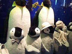 こちら、銀座四丁目交差点の和光のショーウインドウ。
ウインドウにボタンがあって、
ボタンを押すとペンギンさんの間にある鈴が鳴ります。
そうするとペンギンさんが顔を動かすんですよ～。