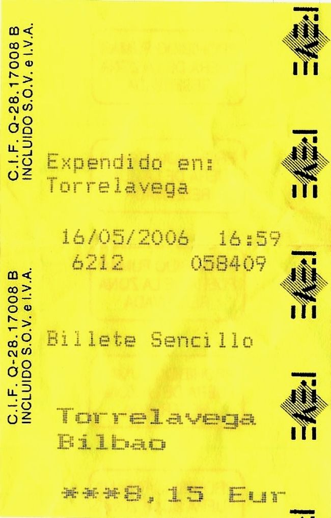平成18年5月16日（火）16時59分発トレラベガ～ビルバオ列車切符8.15ユーロ1,157円<br /><br />