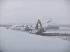 ヴァンター空港着．同じ日に撮ったとは思えないほど雪まみれのフィンエアー．出来る限り最大限の防寒をしてきたつもりですが，この時点ですでに身が竦みます．