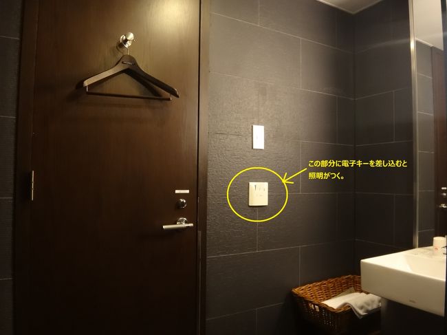 羽田空港国内線第1旅客ターミナル 南ウイング3F<br /><br />日本航空『サクララウンジ』南ウイング内のシャワールームの写真。<br /><br />黄色の丸で囲んだ箇所に電子キーを差し込むと照明がつきます。<br />ドアの裏面にハンガーが一つ掛けられています。