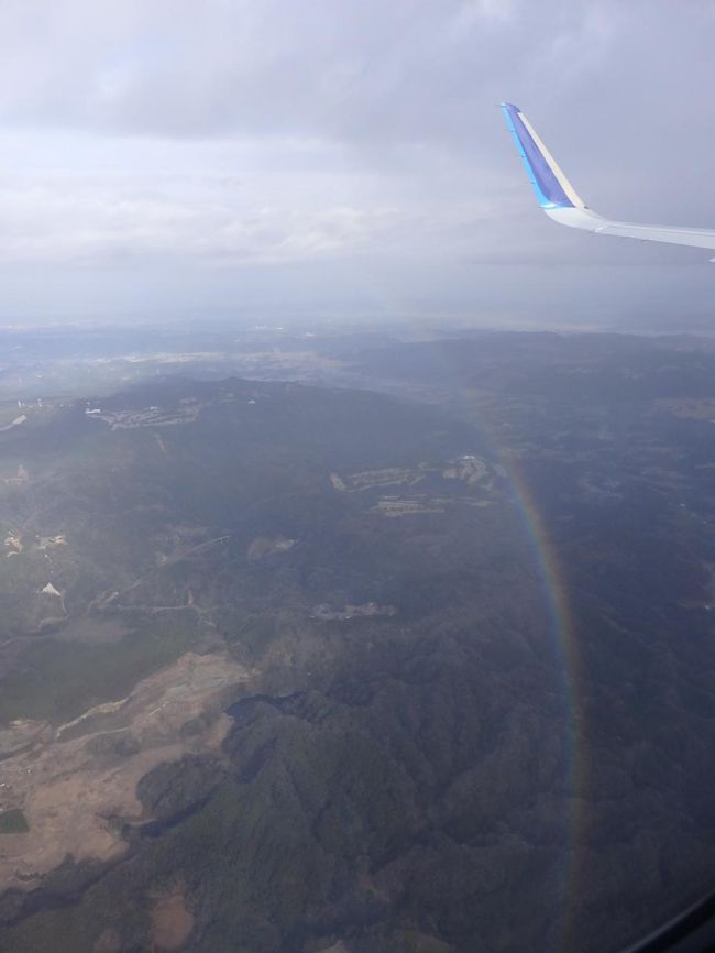 機長さんのアナウンスがあり、この飛行機の前に着陸した飛行機がバードストライクで滑走路が一時閉鎖となりました。<br />すぐに着陸は再開されますが、もう１５分ほど着陸に時間がかかります。との事。<br /><br />何があるか分からないから、早い便で出発しておいて良かった。<br />もう１回千葉上空を１周して、着陸やり直しです。<br /><br />その時、虹が見えました。<br />何か良い事ありそうよ♪