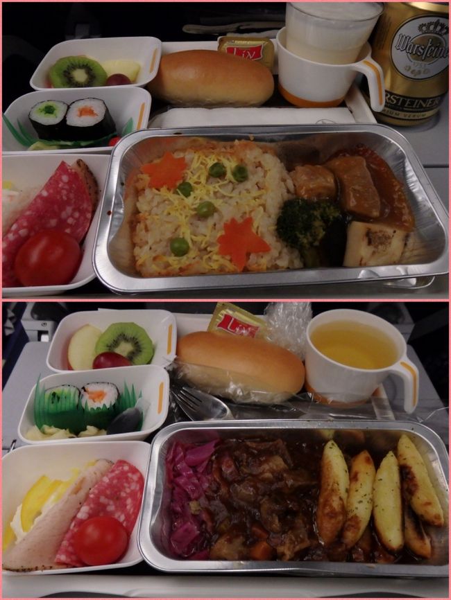 １回目機内食。<br />夫はドイツビールを飲んでいました。<br /><br />どちらも美味しかったです。<br /><br />食べたら睡魔が襲ってきた（笑）<br />時差ボケ調整のためには寝ない方が良いんだけどね。