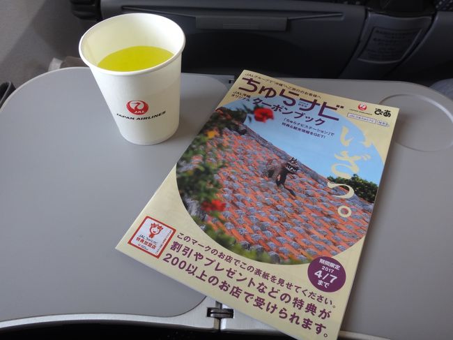 JTA071便（羽田空港 6:40発 ― 石垣空港 10:05着）のフライト時間は、3時間25分で、<br />羽田空港発の国内線としてはロングフライトです。海外に行けちゃう。<br /><br />フライト中、CAさんが頻繁に「お飲み物のお代わりはいかがですか？」と<br />席を回ってくれます。折角なので、スカイタイムをいただきました。<br /><br />・ JALオリジナルドリンクのスカイタイム「キウイ」<br /><br />その後、CAさんから200店舗以上で使用できるオリジナル特典付きの持ち歩き<br />クーポンブック「JAL ぴあ ちゅらナビ」が配られました。<br /><br />＜対象＞<br />JAL・JTA対象便〔沖縄（那覇）・石垣・宮古島到着便（JTA沖縄県内路線を除く）〕<br />にご搭乗の方全員<br /><br />＜対象期間＞<br />2016年10月1日～2017年4月7日まで有効<br /><br />https://www.jal.co.jp/tabi/campaign/okinawa/2016cpn2/