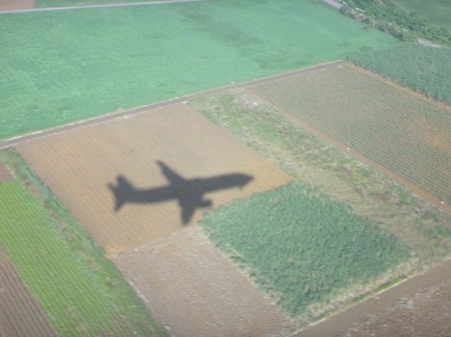 「南ぬ島 石垣空港」に着陸するためにかなり低空飛行になりました。<br /><br />今搭乗している飛行機の影が畑？に描かれていて何だか面白いです。