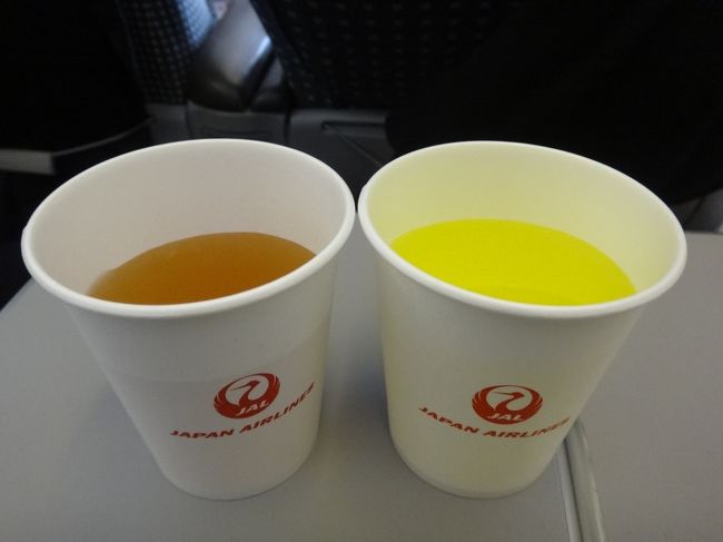 石垣島（石垣空港）ー東京（羽田空港）行きのJALのドリンクサービスで<br />いただいたものの写真。<br /><br />（写真左）<br />・ ビーフコンソメスープ<br /><br />（写真右）<br />・ スカイタイム