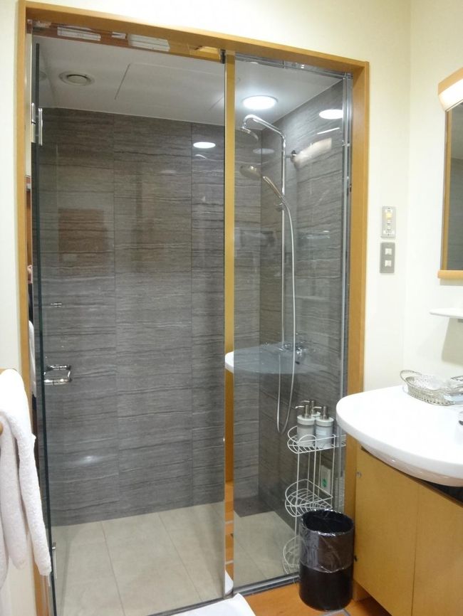 羽田空港国内線第1旅客ターミナルにあるクレジットカード会社ラウンジ<br />『エアポートラウンジ（中央）』のシャワーブースの写真。<br /><br />バスタオルも掛かっています。