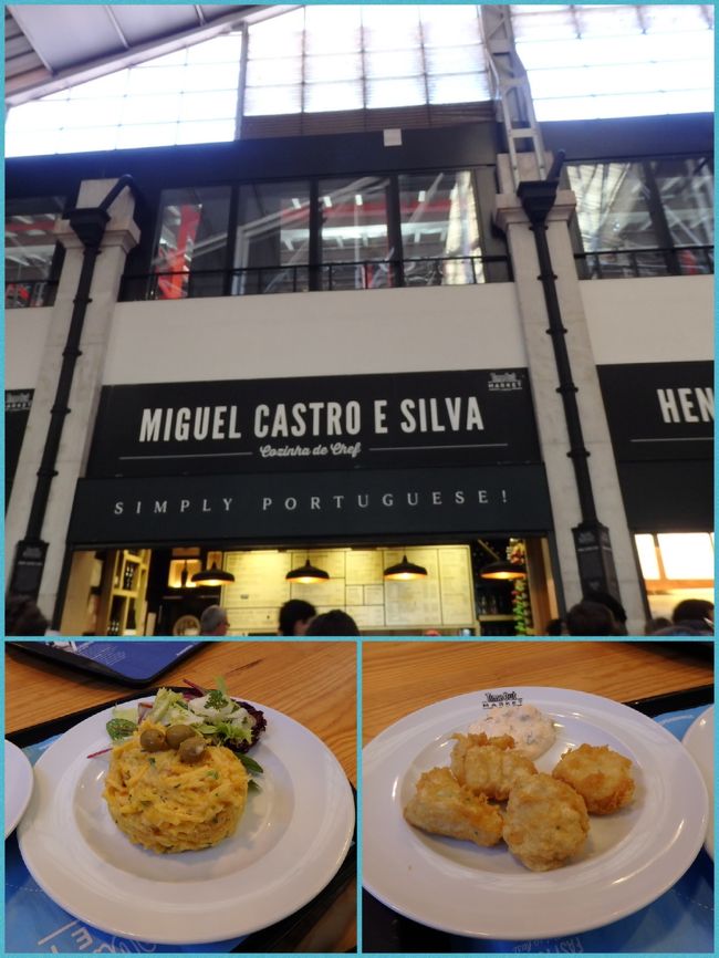 私達はレストランを全然リサーチせずに来たので、持っていたガイドブックに載ってるお店の料理を頼んでみました。<br /><br />日本のフードコートと同じように、呼び出しアラームを渡されます。<br />料理が出来るまで、席で待ちますが、空席を見つけるのも一苦労でした。<br /><br />頼んだのは、干しダラとポテトの卵とじ＆干しダラの天ぷら。<br />どちらもポルトガルの名物バカリャウ料理です。<br />日本人には食べやすい味だと思います。<br /><br />焼き栗も食べていたので、これで満腹になりました。