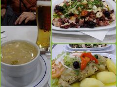 普段レストランはリサーチせず、現地の雰囲気で入る入らないを決めるのですが、今回はあるサイトで紹介されていたレストランに行きました。
たまたまホテルの近くだったので、行きやすかったんです。
お店の雰囲気は大衆食堂みたいな感じ。お客さんも多く大繁盛していました。

「Cafe Beira Gare」
https://www.zomato.com/pt/grande-lisboa/beira-gare-rossio-lisboa

展望台が寒くて体が冷えたので野菜スープ。夫はポルトガルビール。
写真右上：タコ料理　Poivo a galega
大きめのお皿にどっさりのタコ。サラダのような感じでオリーブオイルがたっぷりかかっていて美味しい。
写真右下：バカリャウの何とか（スミマセン。忘れました）
これは干物のバカリャウ（タラ）をもどして焼いたもの。
干物だったとは思えない厚みのバカリャウ。
ちょっと魚独特の香りはありますが、食べやすい味です。

どちらも大きめのお皿にたっぷりと盛られているので、満腹になりました。
どれも美味しかったです。
お値段は４０ユーロくらいだったかな～。

この後、近くのスーパーでお水を買って帰りました。
１．５リットルでも６０セントくらい。あまりの安さにびっくりしました。
写真を撮り忘れたのが残念でした。

この後ホテルに戻りました。

いっぱい歩いて疲れたので、足に湿布を貼って寝ました（笑）

お休みなさいzzz

～～～～～続く～～～～～