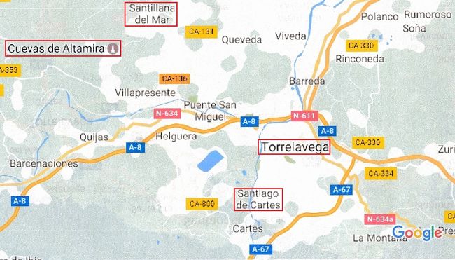 平成18年5月16日（火）トレラベガ、サンティヤーナ・デル・マル、アルタミラ洞窟の位置関係