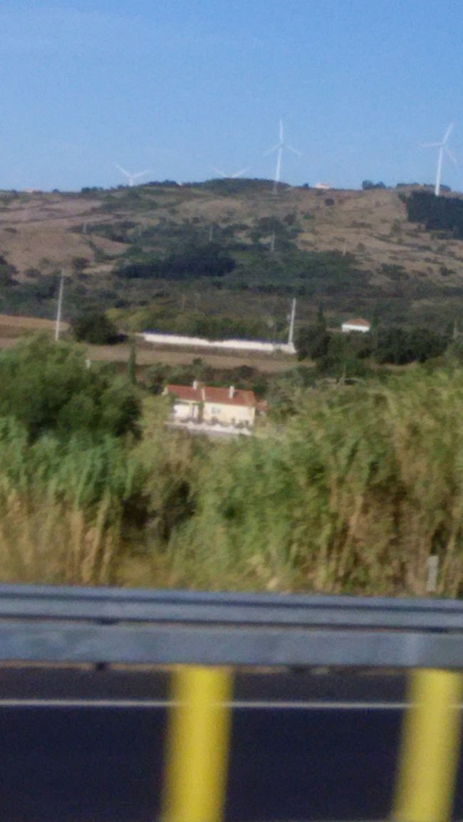 9月28日<br />バスの中から<br />丘に風車が<br />ポルトガルの発電事情はどうなっているのかなぁ<br /><br />きょうはオビドスに泊まるのでスーツケースを預けて（１ユーロ）いざ出発！<br /><br />МロシオからМバイシャ・シアードで乗り換えてМジャルディン・ズロジゴへ。<br /><br />ここから歩いてセッテ・リオスバスターミナルに。<br />宿を出るのが遅くなったり、途中メトロの乗り換えに手間取ったりと予定した時間より遅くなったのでドキドキしたけれど<br />9:05発のナザレ行のバスをゲット！<br /><br />緊張していてその間の写真撮っていません…<br /><br />