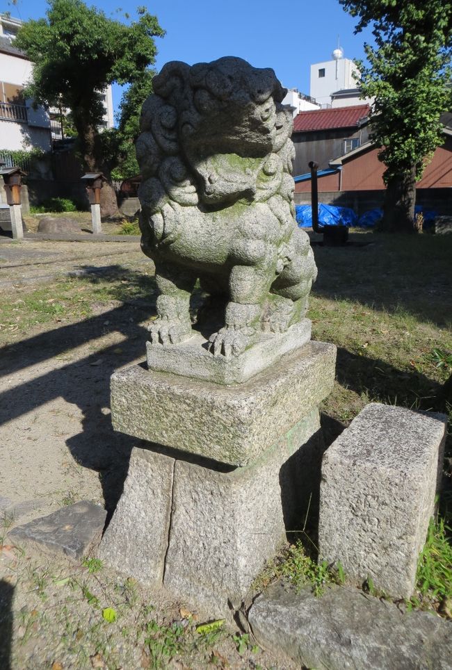 参道の右側に置かれていた狛犬の光景です。顔の造りに痛みがありましたが、大きく口を開けた、阿形の雄獅子でした。傍らの低い石標には、『昭和6年』らしい文字がありました。