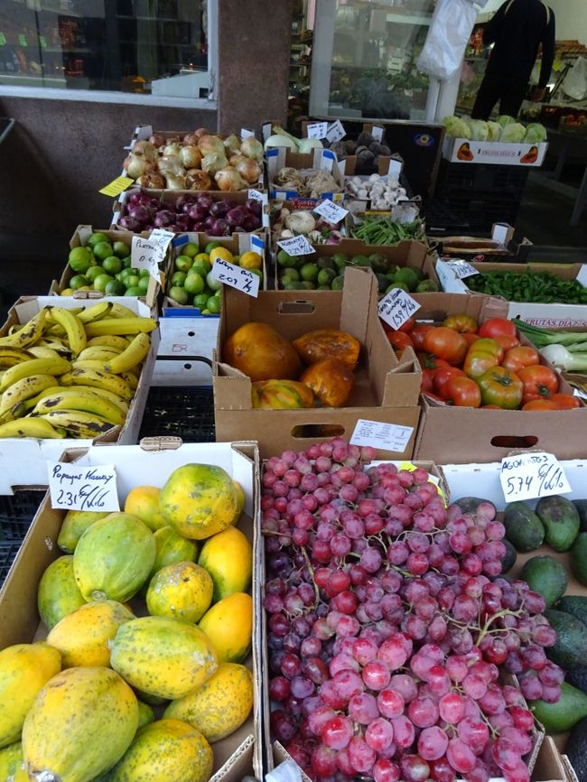 パパイヤ、葡萄、バナナなど、カラフルな果物が並ぶ