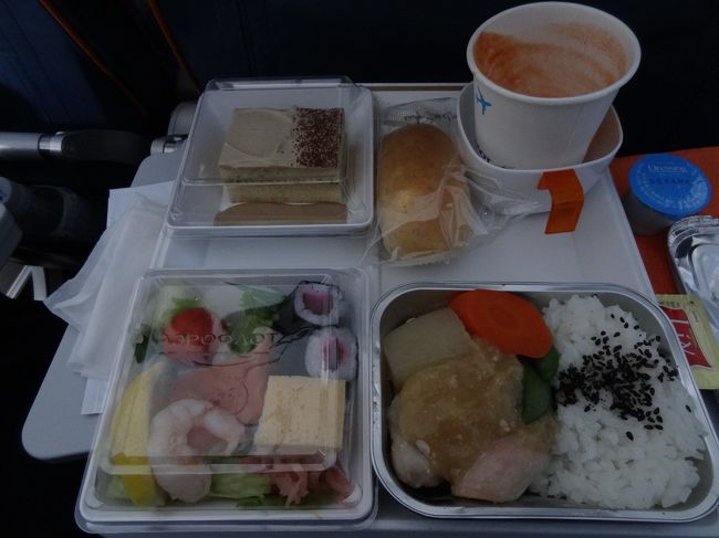 機内食１つめ<br /><br />日本のだからか、安心。<br />味も良かったです。