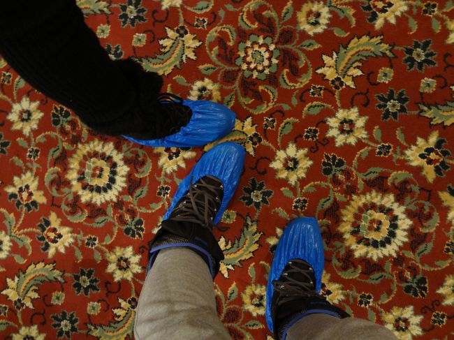 鑑識さんのようなビニールの靴カバーを装着して内部を見学します。