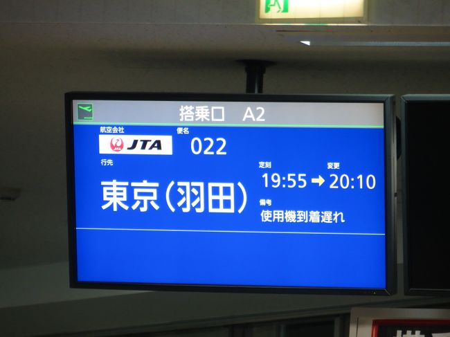 定時で那覇を出たものの、再び滑走路混雑に巻き込まれ羽田に戻る便は<br />15分遅れ、さらに今度は羽田空港混雑の影響で搭乗してもしばらく出発<br />できないかも！とアナウンスがありました。<br />官制から許可が出たとのことで20:10に出発。