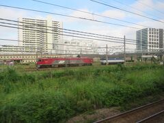 横須賀線は鶴見駅（京浜東北線のみ停車する駅）を過ぎると東海道本線と別れます。

しばらくすると新鶴見信号場（1984年までは新鶴見操車場）と新鶴見機関区を通ります。

構内には、金太郎のロゴマークが付いた電気機関車（赤色：EH500形）と国鉄時代に量産された電気機関車（青と白色：EF65形）がパンタグラフを下して休んでいます。