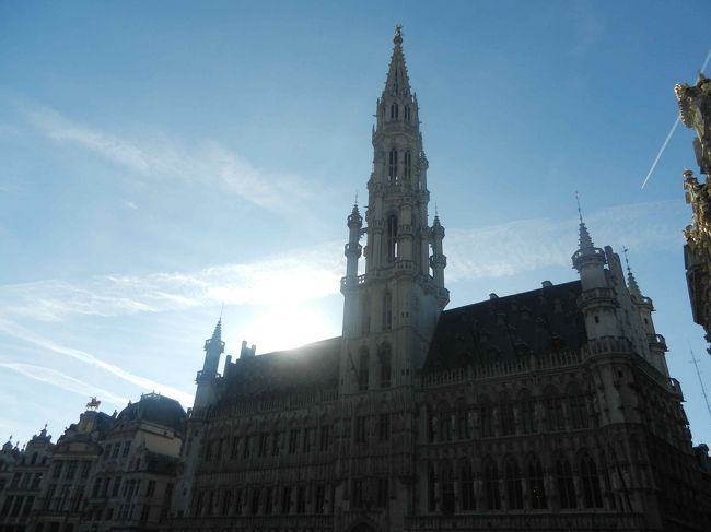 グランプラスに来ました。<br />Hotel de Ville　市庁舎です。逆光。<br /><br />左右非対称の建物で塔も建物の中心に建ってはいないそうです。<br />1402年から建築が開始された中世ゴシックの建築物です。<br /><br />