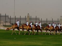 スークワキーフの近くには首長の館 Amiri Diwan of Qatar。偶然ラクダに乗った軍団が現れます。首長の警備でもしているのでしょうか。芝生の上にラクダとすごくミスマッチです。
