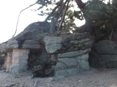 「義経岩」。

雨晴の名前の由来は、かつて源義経が奥州に落ち延びる途中、この海岸でにわか雨にあい、弁慶が持ち上げた岩陰で雨宿りをしたという「義経 雨はらしの岩」の伝説から来ています。
その岩が「義経岩」。 