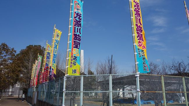 東大阪市立八戸ノ里公園内の土俵と「武蔵川部屋」幟