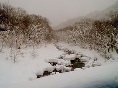 名残惜しいけど帰る時間です。
鶴の湯に繋げるだけにある道なので圧雪除雪も全て鶴の湯がおこなっています。
途中川を越えますが川の中にある石の上に雪が積もっている様子がなんとも可愛い！