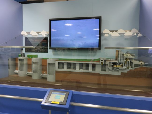 川が増水してから、放水路が稼働するまでの仕組みを、<br />模型と水で再現していました。