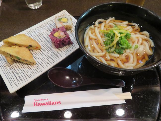 そろそろお昼の時間になったので、迷った挙句ホテルハワイアンズ内にある居酒屋さんでランチのうどんをいただくことにしました。施設の全体マップには載っていなくて、ちょっと場所がわかりにくかったかも。<br />
