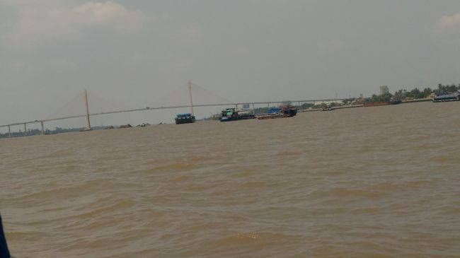 そのあと大きなボートで、茶色い濁流のメコン川を渡り島へ。<br />この川ではたくさんの魚がとれて、おいしいからぜひランチで<br />オプションの魚料理を食べてとガイドはセールスするけど、<br />この汚い川の魚～？っと思ったら、食欲が失せた。