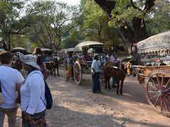 マハーアウンミェ僧院のまえでは、馬車が観光客が観光終えるのを待っています。