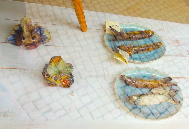 ウィンドウ・ディスプレイ。皿に魚が載っていると、つい、見てしまう私は、やっぱり日本人？