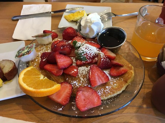 奥さんはパンケーキwithいちごをオーダー。<br />私はオムレツ（写真撮り忘れ）