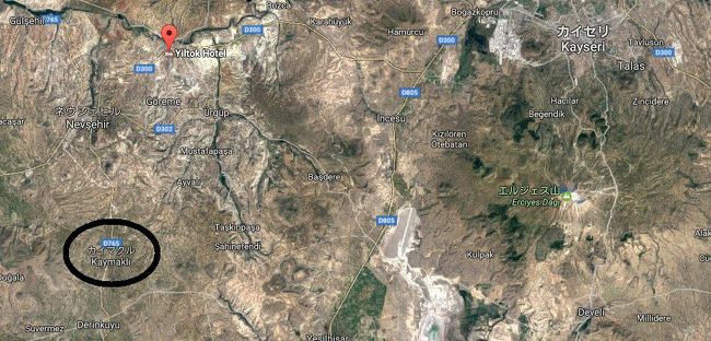 今朝出発したホテルから、カイマルクまでの地図です。<br /><br />一口にカッパドキアといっても本当に広いのです。<br /><br />その奇岩を生み出した源、エルジェス山も無駄にデカい( ﾟДﾟ)。