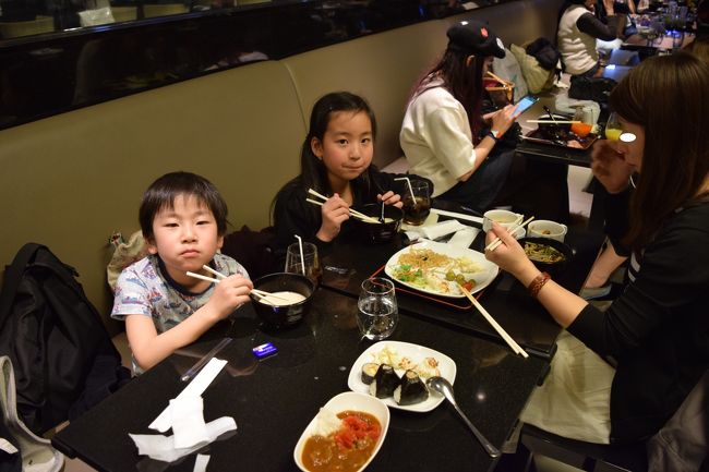 シップは羽田空港に定刻に到着し、内際乗継ぎバスに乗り、国際線ターミナルへ。<br /><br />出国審査後ちょっと買い物してラウンジで夕食です。<br /><br />子供達+パパはANAラウンジのとんこつラーメンが大好き♪<br /><br />日本そばにおにぎり、カレー、マカロニサラダ、焼きそば。炭水化物ばっかり（笑）