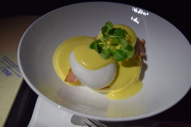 おはようございます。シップはホノルルに近づいてきました。<br /><br />おめざはエッグベネディクト ポークハム添え モルネーソースです。<br /><br />パパ、昨年食べてファンになりました。半熟卵のトロトロ感がgood！<br /><br />